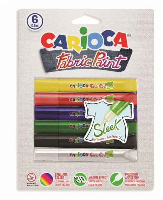 Carioca Vopsea pentru textile, rezistanta la spalare, 6 culori/blister, CARIOCA Fabric Paint - Sleek
