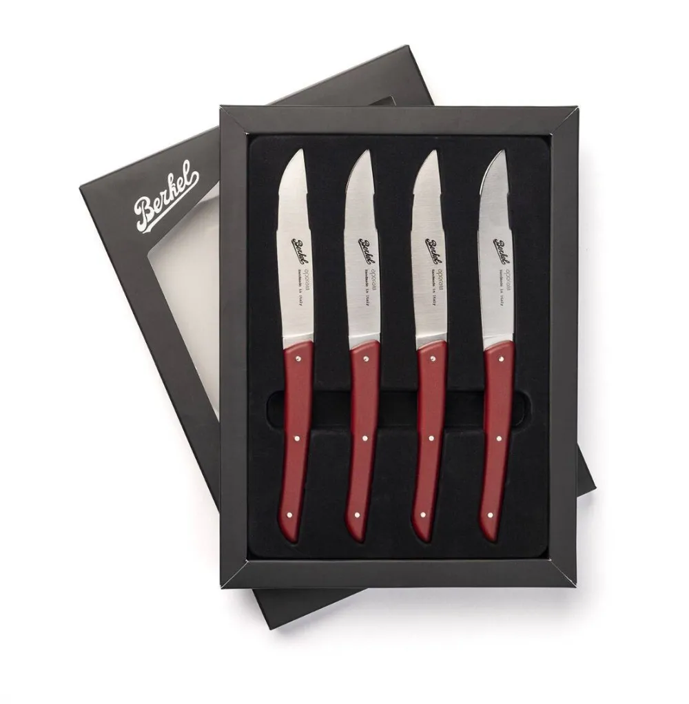 Berkel Set 4 cutite pentru friptura Berkel, lama din otel martensitic MA4, material anticoroziv, lungime lama 11 cm, rezistenta la temperaturi inalte, maner ergonomic, lavabil in masina de spalat vase, rosu
