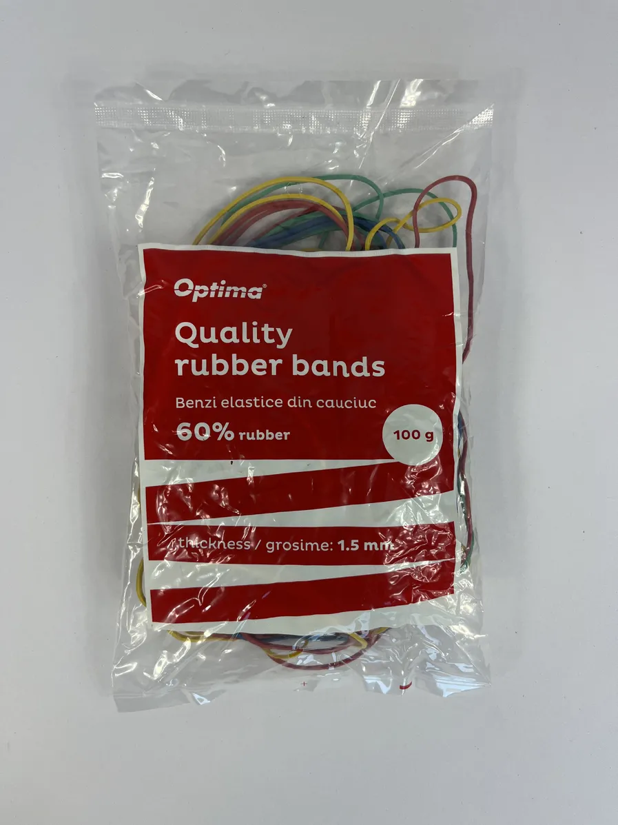 Benzi elastice Optima Elastice pentru bani, 60% cauciuc, 100gr/punga, D 65, grosime 1.5mm x 1.5mm, Optima -culori asortate