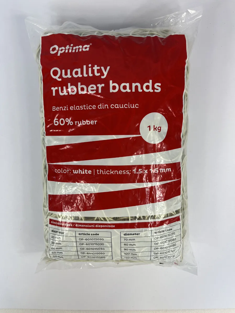 Benzi elastice Optima Elastice pentru bani, 60% cauciuc, 1kg/punga, D 80, grosime 1.5mm x 1.5mm, Optima - albe