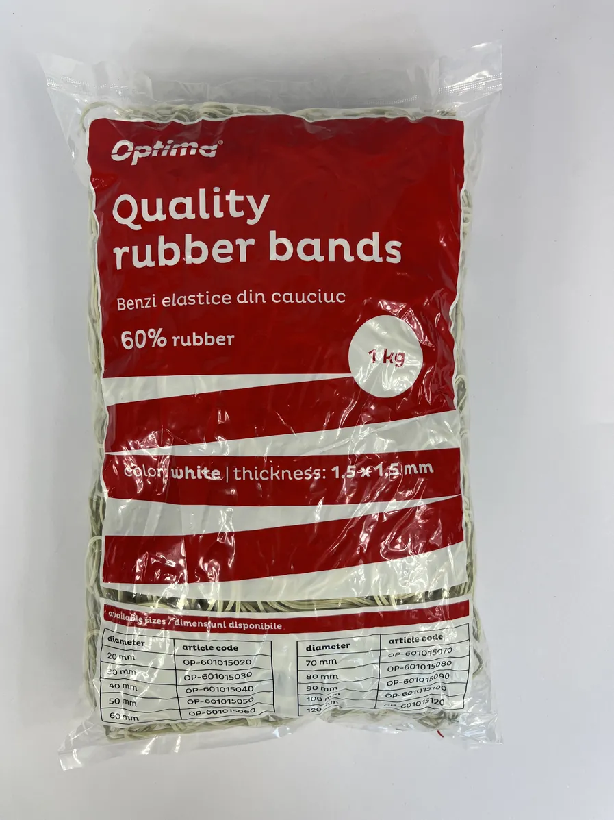 Benzi elastice Optima Elastice pentru bani, 60% cauciuc, 1kg/punga, D 50, grosime 1.5mm x 1.5mm, Optima - albe