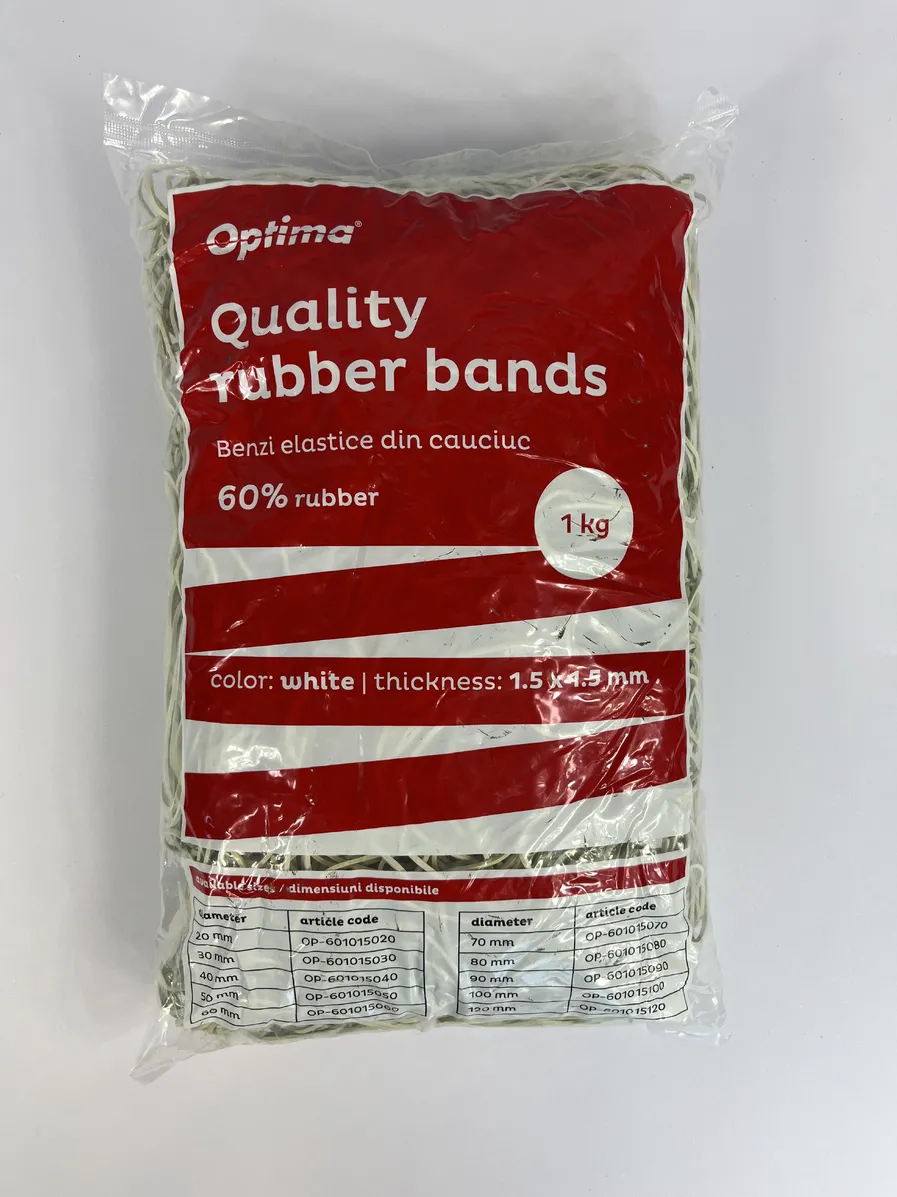 Benzi elastice Optima Elastice pentru bani, 60% cauciuc, 1kg/punga, D 60, grosime 1.5mm x 1.5mm, Optima - albe