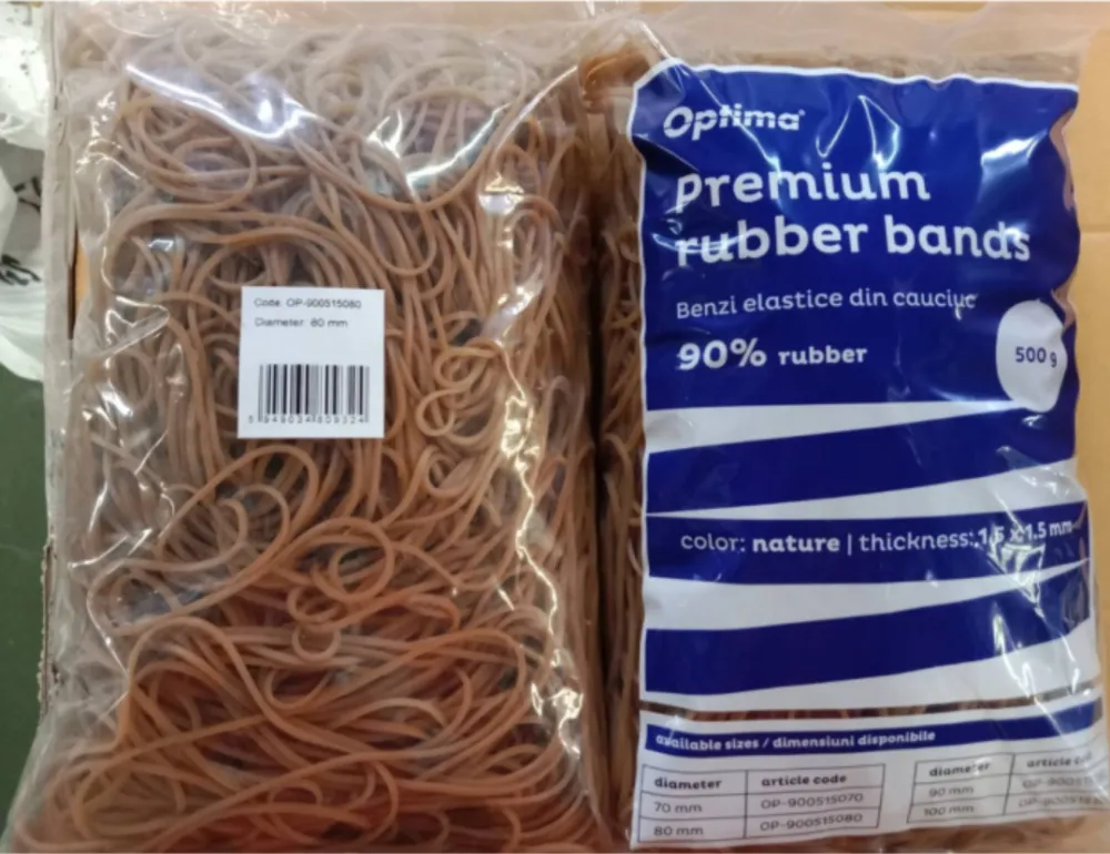Benzi elastice Optima Elastice pentru bani, 90% cauciuc, 500gr/punga, D 80, grosime 1.5mm x 1.5mm, Optima - natural