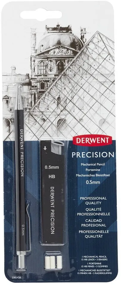 DERWENT Creion mecanic metalic DERWENT Professional, HB 0.5 mm, rezerve mine si radiere incluse, negru