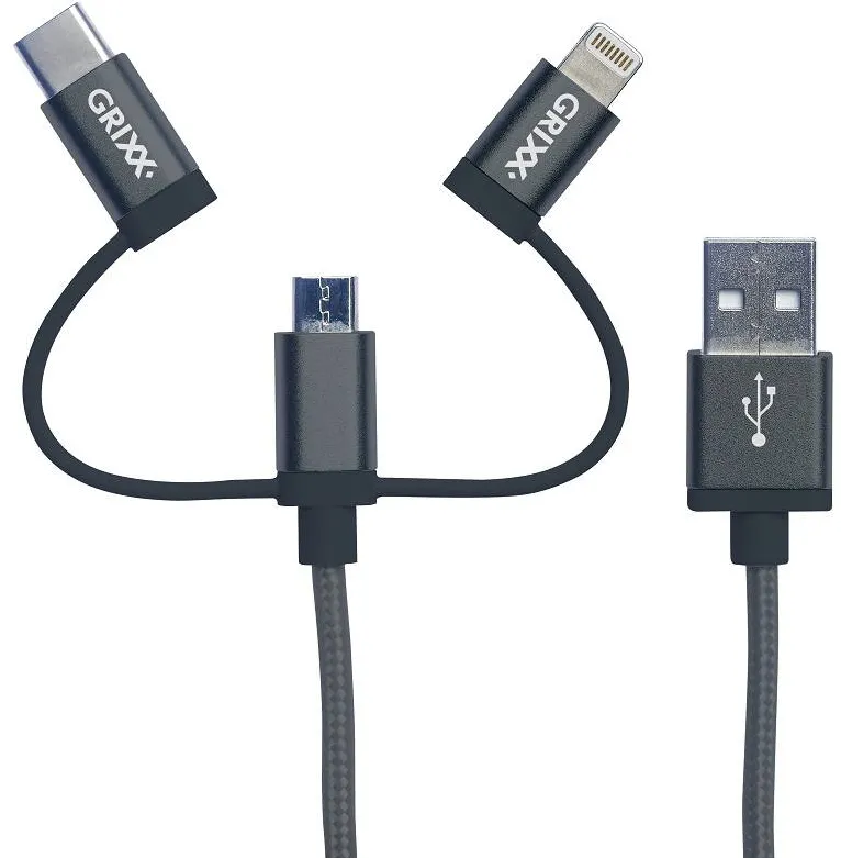 Accesoriu GSM Grixx Cablu date GRIXX Optimum - 3 in 1 Micro USB/USB-C/8-pin Apple MFI License, impletit, lungime 1m - gr