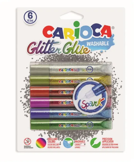 Carioca Lipici Glitter, lavabil, 6 culori/blister, CARIOCA Glitter Glue Spark