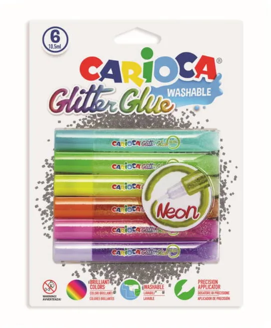 Carioca Lipici Glitter, lavabil, 6 culori/blister, CARIOCA Glitter Glue Neon