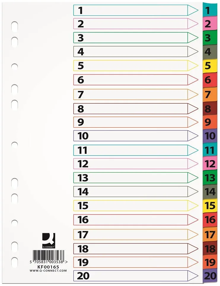 Q-CONNECT Index carton alb Mylar numeric 1-20, margine PP color, A4, 170g/mp, Q-Connect