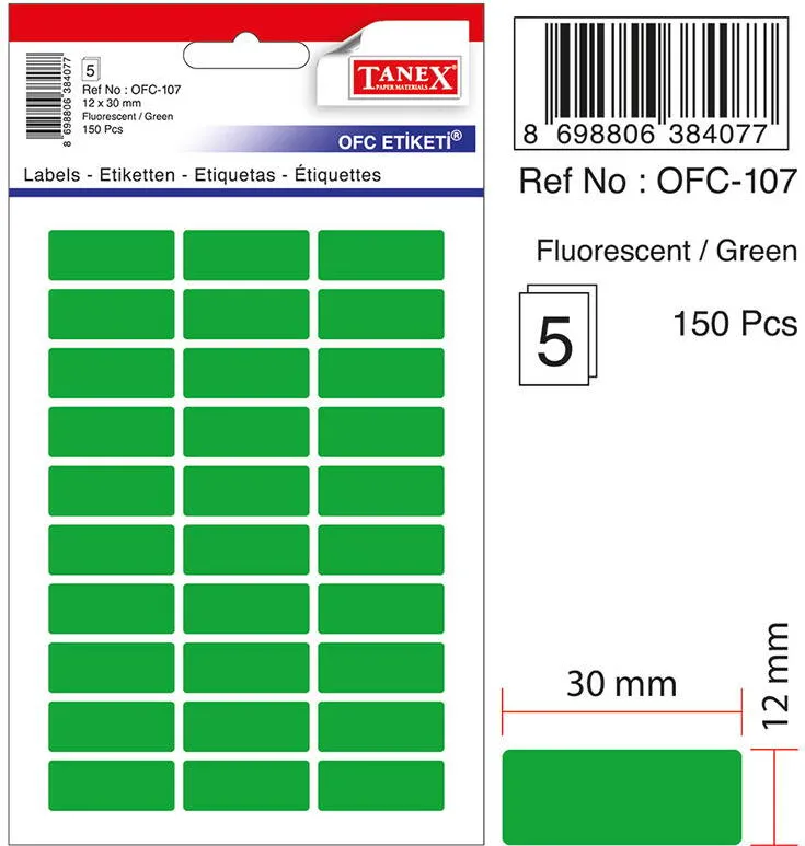 Tanex Etichete autoadezive, 12 x 30 mm, 150 buc/set, TANEX, verde fluorescent