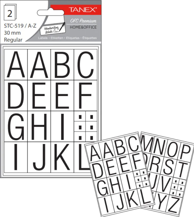 Tanex Etichete autoadezive cu litere, A-Z, 2 folii/set, TANEX, 30mm bold