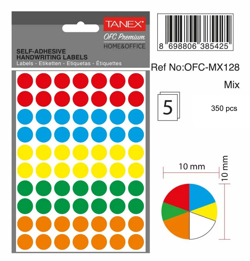 Tanex Etichete autoadezive rotunde, D10 mm, 540 buc/set, TANEX, culori fluorescente asortate