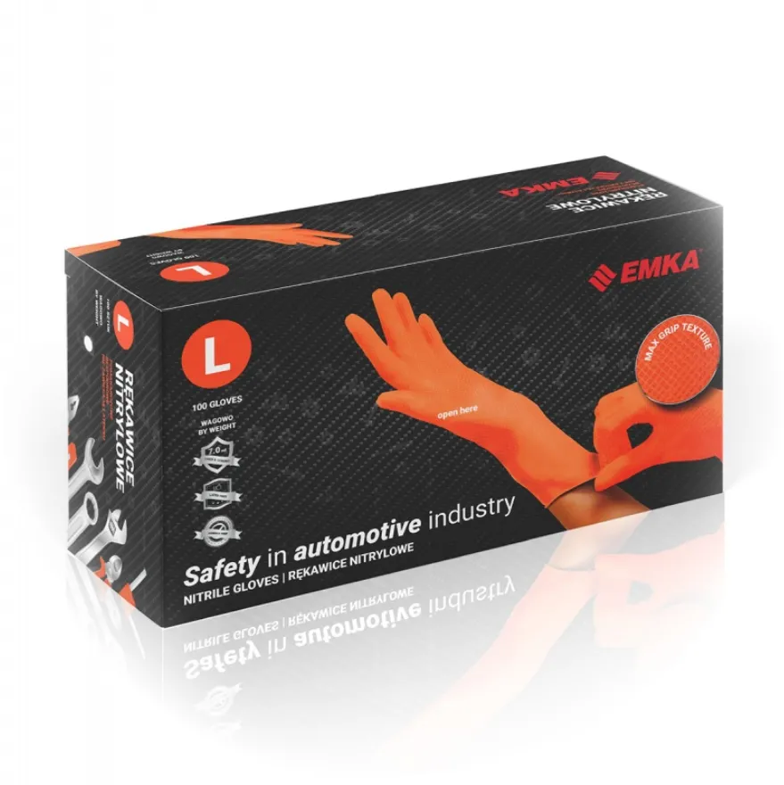 Protectia muncii PBS Manusi nitril EMKA, 7.0, 100 buc/cutie, pentru industria automotive - portocalii - marime L
