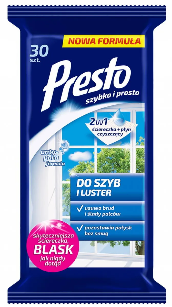 Presto Servetele umede pentru geamuri si oglinzi, 30 buc/pachet, Presto - efect antistatic si antiaburire