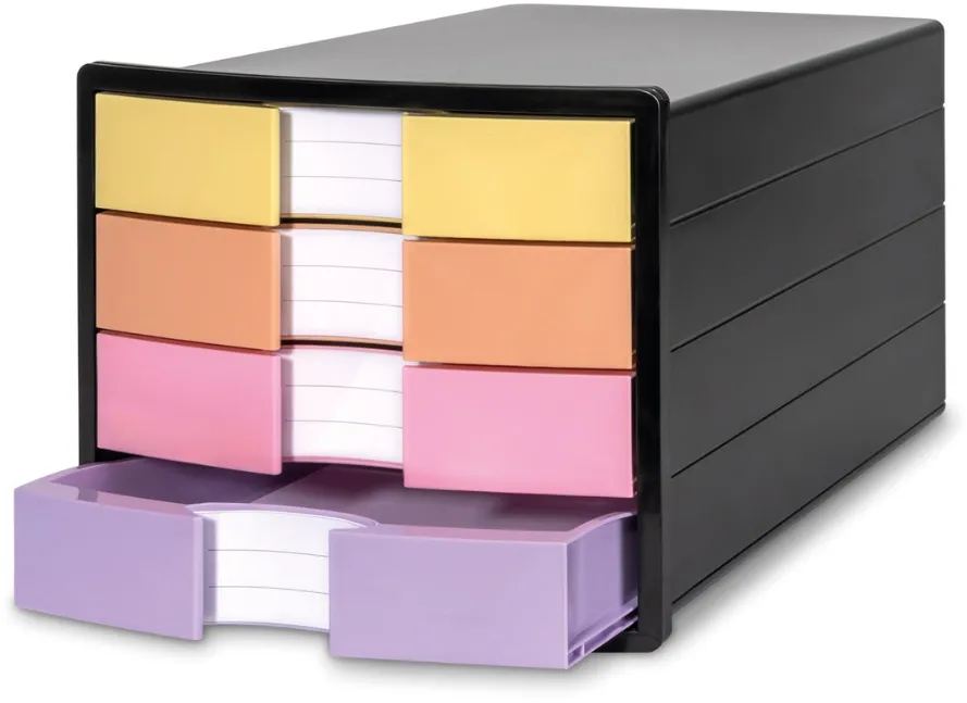 HAN Suport plastic cu 4 sertare pt. documente, HAN Impuls 2.0 - negru - sertare culori pastel