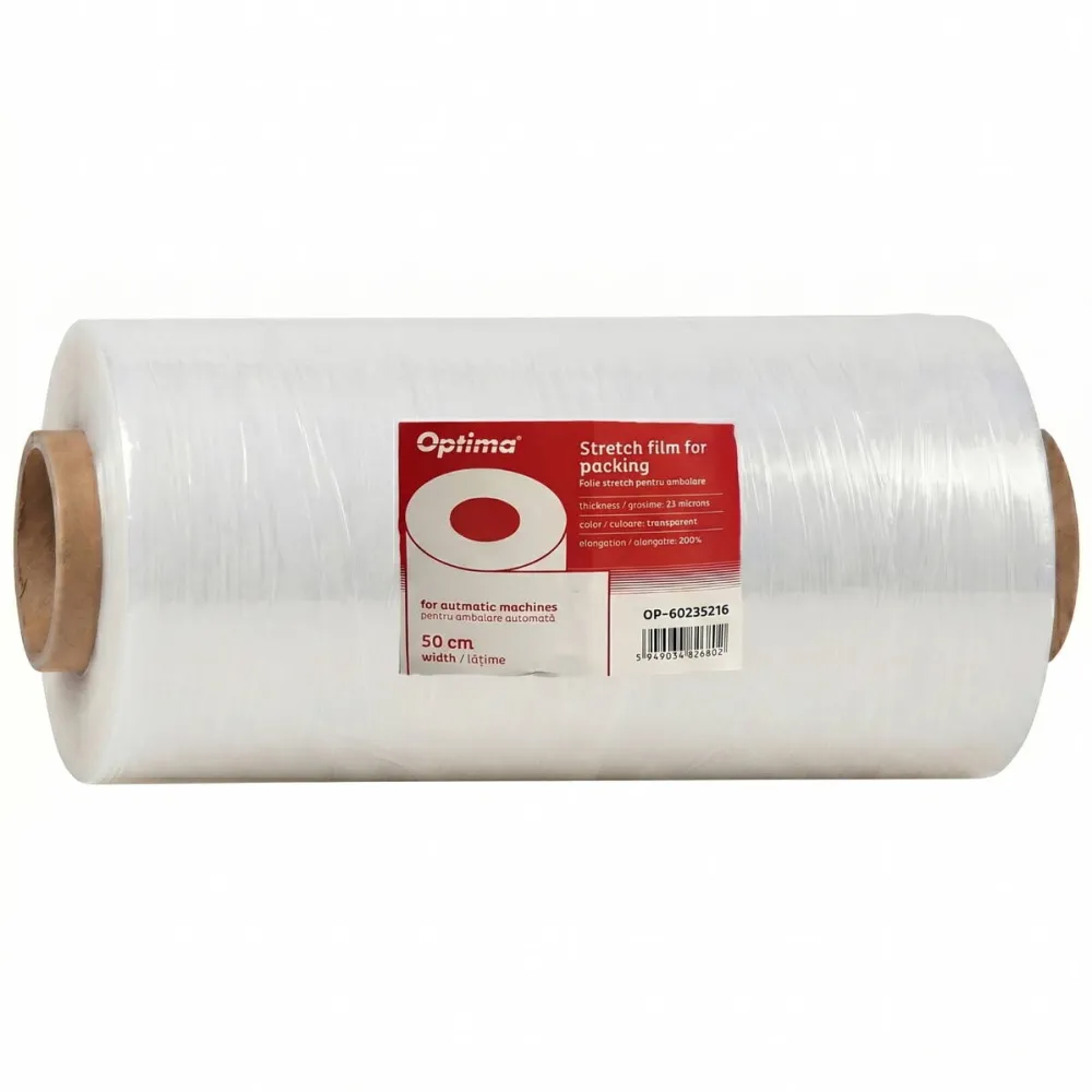 Benzi adezive Optima Folie stretch transparenta Optima, 50cm latime, 23microni, 1.4kg G.W, 1.15kg N.W - uz manual