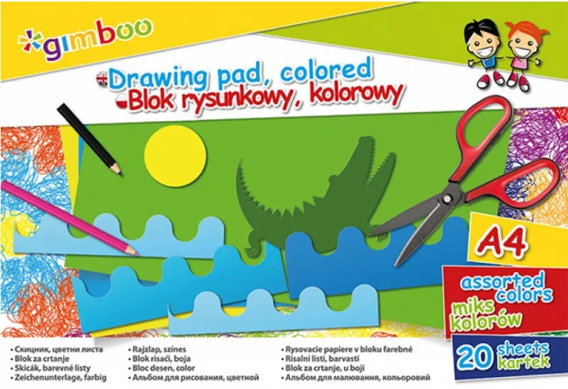 GIMBOO Bloc desen A4, 20 file - 70gsm, coperta carton, GIMBOO - foi color asortate