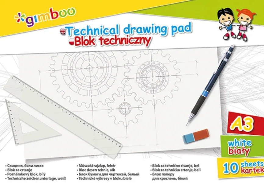 GIMBOO Bloc desen A3, 10 file - 150gsm, coperta carton, GIMBOO - foi albe