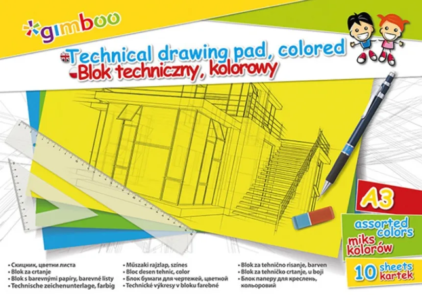 GIMBOO Bloc desen A3, 10 file - 150gsm, coperta carton, GIMBOO - foi color asortate