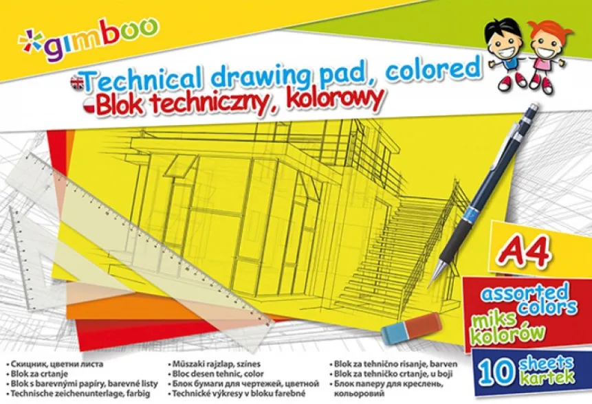 GIMBOO Bloc desen A4, 10 file - 150gsm, coperta carton, GIMBOO - foi color asortate