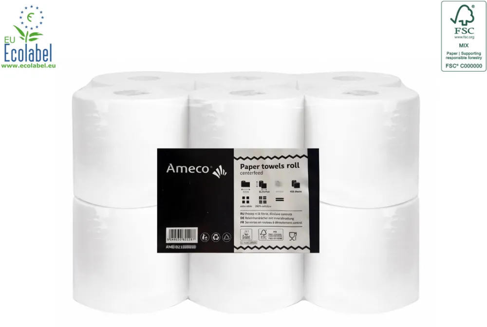 Ameco Prosop rola hartie alba, autocut, 150m - 2 straturi (2x20gsm), 6 role/bax, Ameco