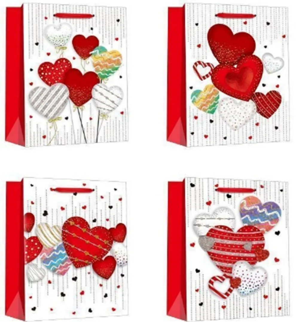 Pungi cadou Punga cadou, carton glitter 210gr, design Red Heart, 18x23x10cm, modele asortate