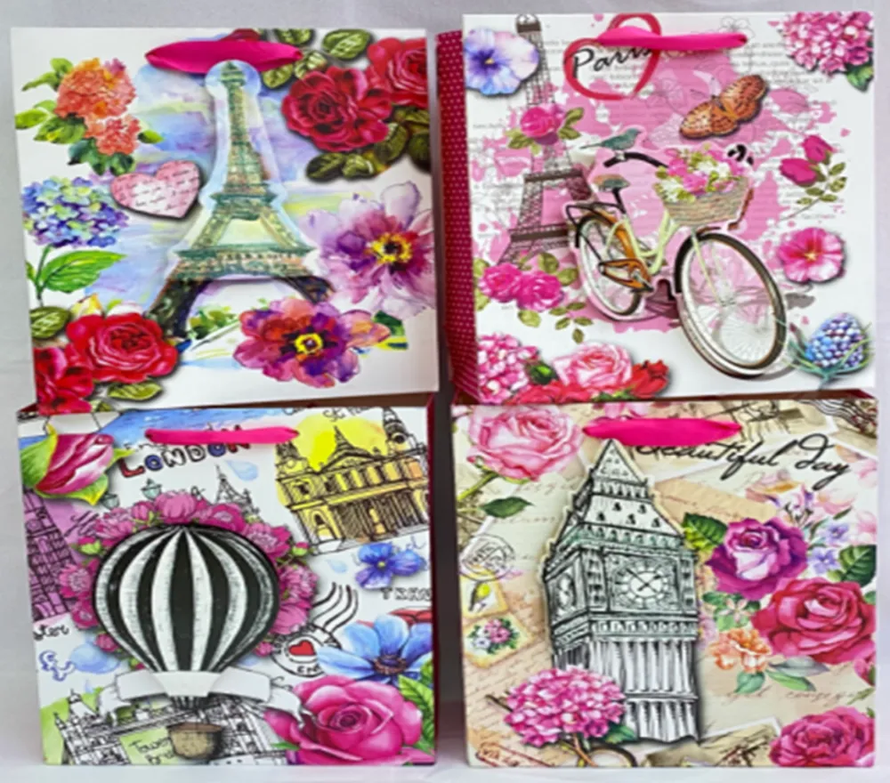 Pungi cadou Punga cadou, carton glitter 3D, design Romantic, 32x26x10cm, modele asortate