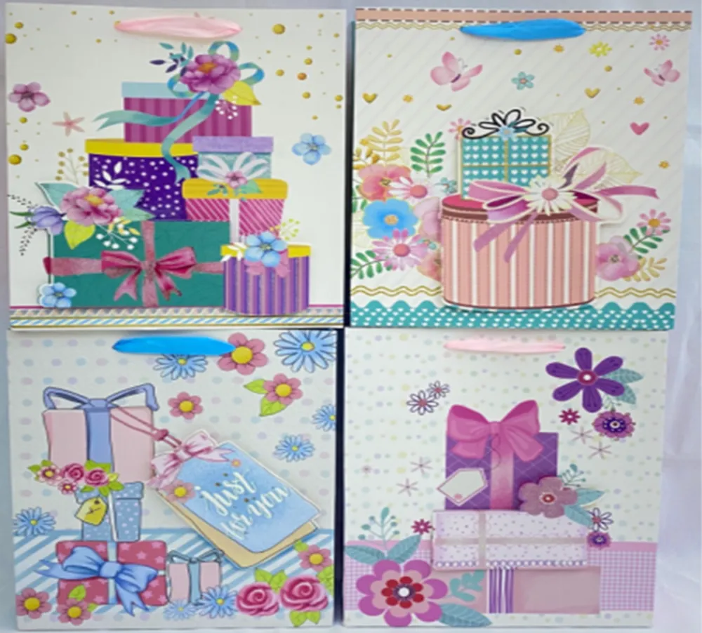 Pungi cadou Punga cadou, carton glitter 3D, design Present, 32x26x10cm, modele asortate