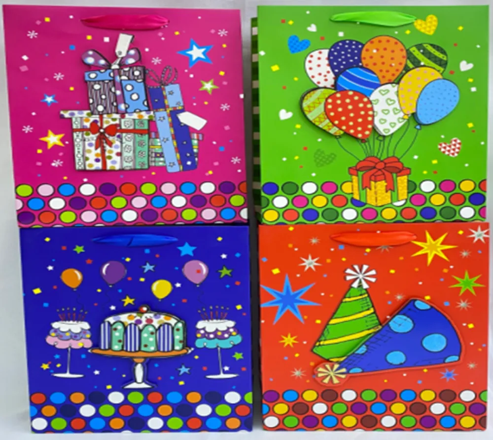 Pungi cadou Punga cadou, carton glitter 3D, design Birthday, 32x26x10cm, modele asortate