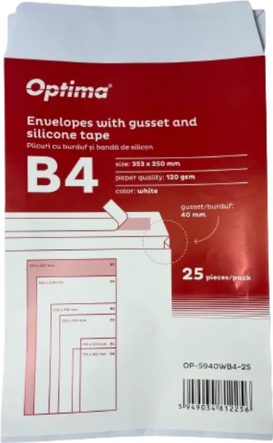 Plicuri Optima Plic B4 (353x250mm), cu burduf 40mm, lipire siliconica, 25 buc/set, Optima - alb