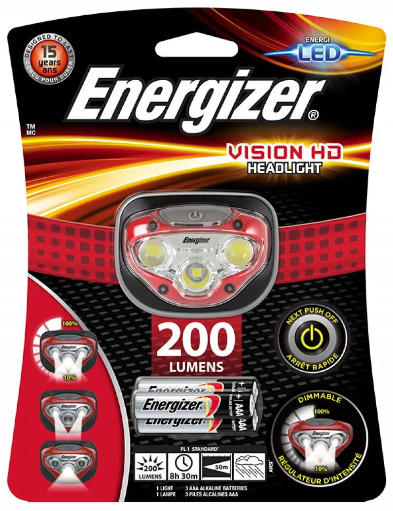 ENERGIZER Lanterna de cap, ENERGIZER Vision HD Headlight, rosie, 200 lumeni, raza 50m, cu 3 baterii AAA