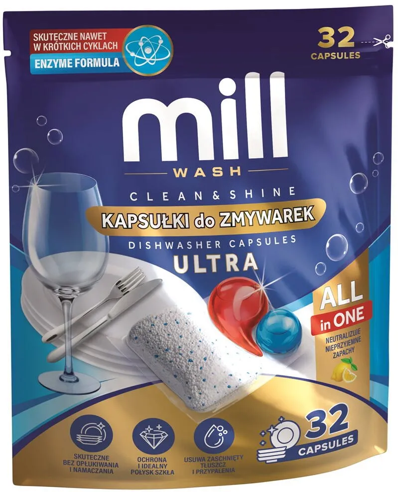 MADONIS Capsule MILL CLEAN&SHINE Ultra pentru masina de spalat vase, 32 de capsule, 3K.D