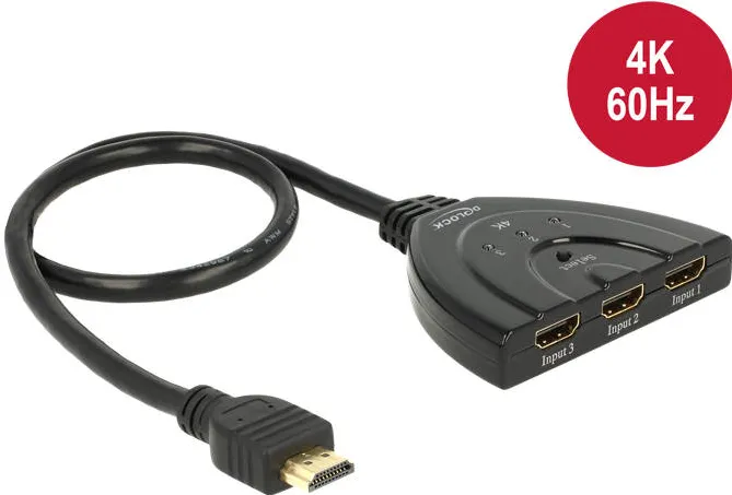 Adaptor DELOCK 18600, Comutator HDMI UHD 3 intrari HDMI > 1 iesire HDMI 4K cu cablu integrat 50 cm