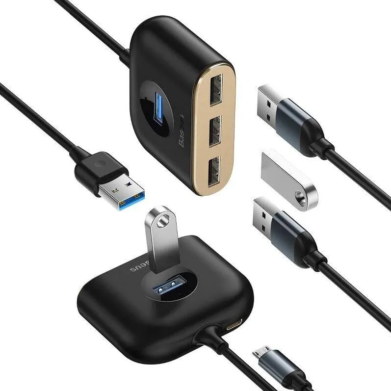 Hub USB Baseus 4-in-1 Square Round USB Adapter,  3.0 to 1x USB 3.0 + 3x USB 2.0, 1m black