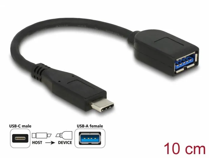 Adaptor DELOCK SuperSpeed USB 10 Gbps (USB 3.1 Gen 2) USB Type-C™ male > USB Type-A female 10 cm coaxial black Premium