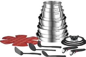 TEFAL Set vase 22 piese Ingenio Emotion, inductie, oala 24 cm, tigaie Wok 26 cm, tigaie 22/24/26/28 cm, cratita 16/18/20 cm, capac sticla 16/18/20 cm, 2 manere detasabile, 4 protectii termice, 4 ustensile, inox, argintiu