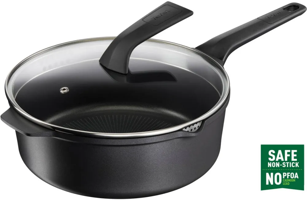 TEFAL Cratita cu capac de sticla Robusto, 26 cm, inductie, invelis antiaderent din titan, aluminiu turnat, indicator Thermo-Signal, margini turnare, maner lateral integrat, negru