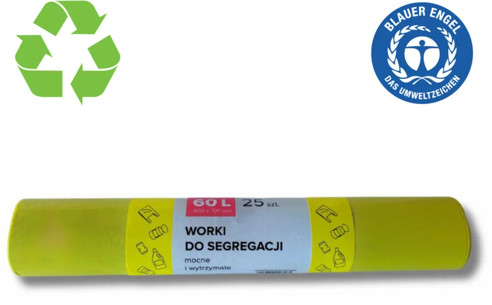 Resaco Saci plastic reciclat, standard, 60L, 60x70cm, 20 mic, 25buc/rola, RESACO - galbeni-deseuri plastic