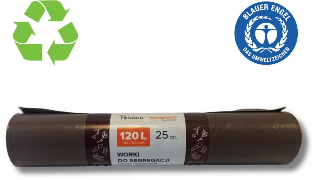 Resaco Saci plastic reciclat, standard, 120L, 69x105cm, 35 mic, 25buc/rola, RESACO - maro - deseuri bio