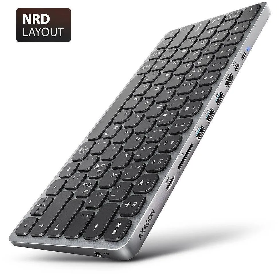 Hub USB AXAGON Hub USB-C cu tastatura AXAGON HMC-KB-NRD 9in1, 3x USB-A, HDMI 4K, cititor SD/microSD, alimentare PD 100W, alb, 296x128x11mm