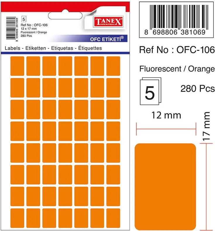 Tanex Etichete autoadezive, 12 x 17 mm, 280 buc/set, TANEX, portocaliu fluorescent