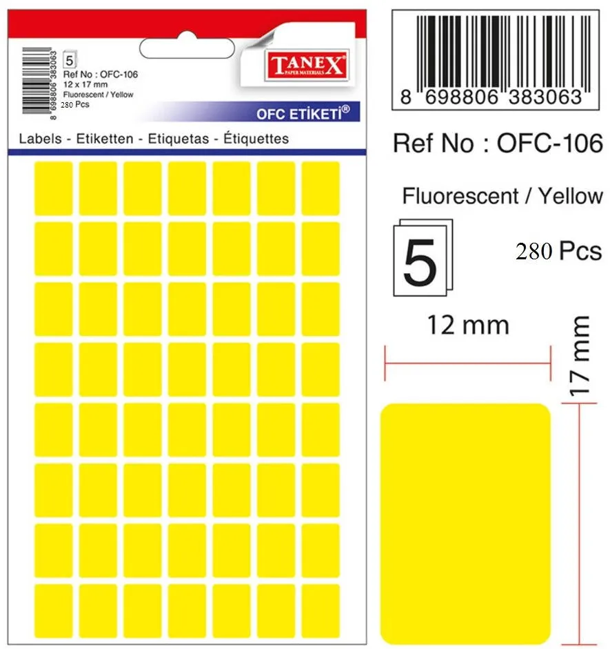 Tanex Etichete autoadezive, 12 x 17 mm, 280 buc/set, TANEX, galben fluorescent