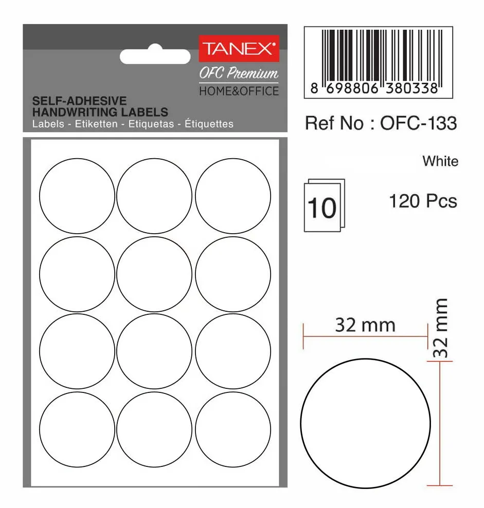 Tanex Etichete autoadezive rotunde, D32 mm, 60 buc/set, TANEX, alb