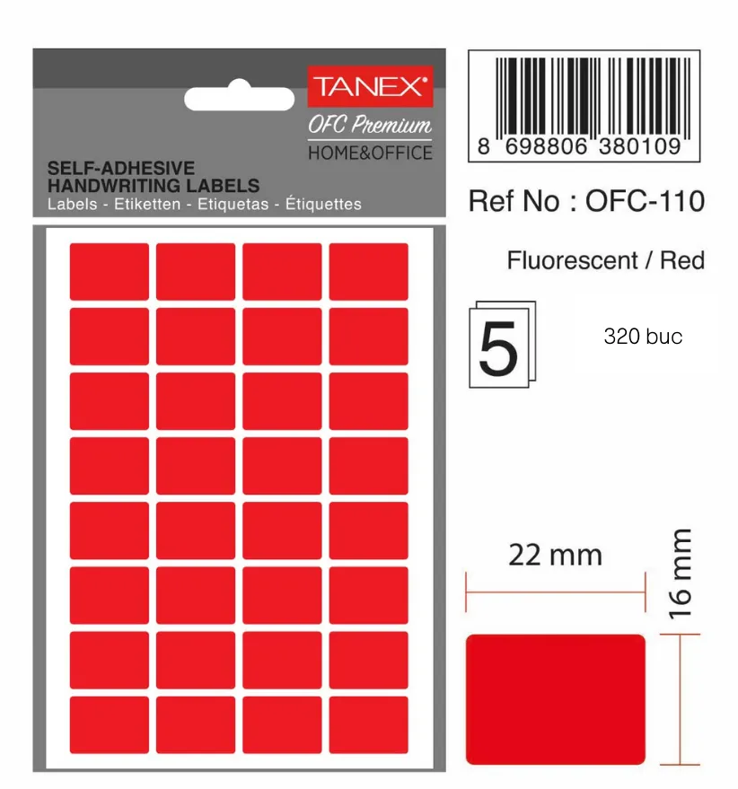 Tanex Etichete autoadezive, 16 x 22 mm, 160 buc/set, TANEX, rosu fluorescent