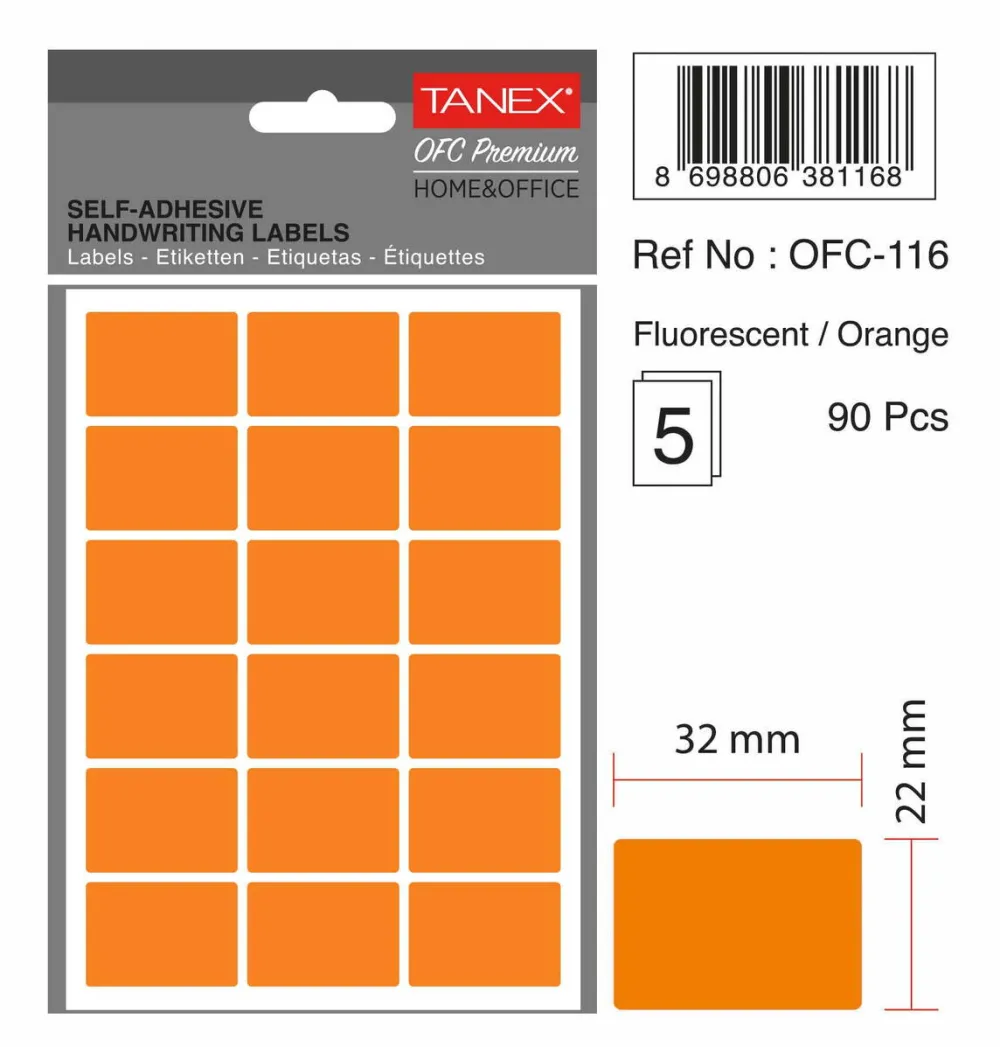 Tanex Etichete autoadezive, 22 x 32 mm, 90 buc/set, TANEX, portocaliu fluorescent