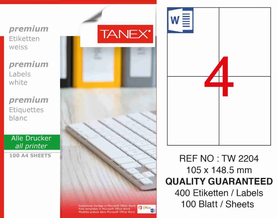 Tanex Etichete albe autoadezive, repozitionabile, 4/A4, 105x148.5mm, 25 coli/top, TANEX, colturi drepte