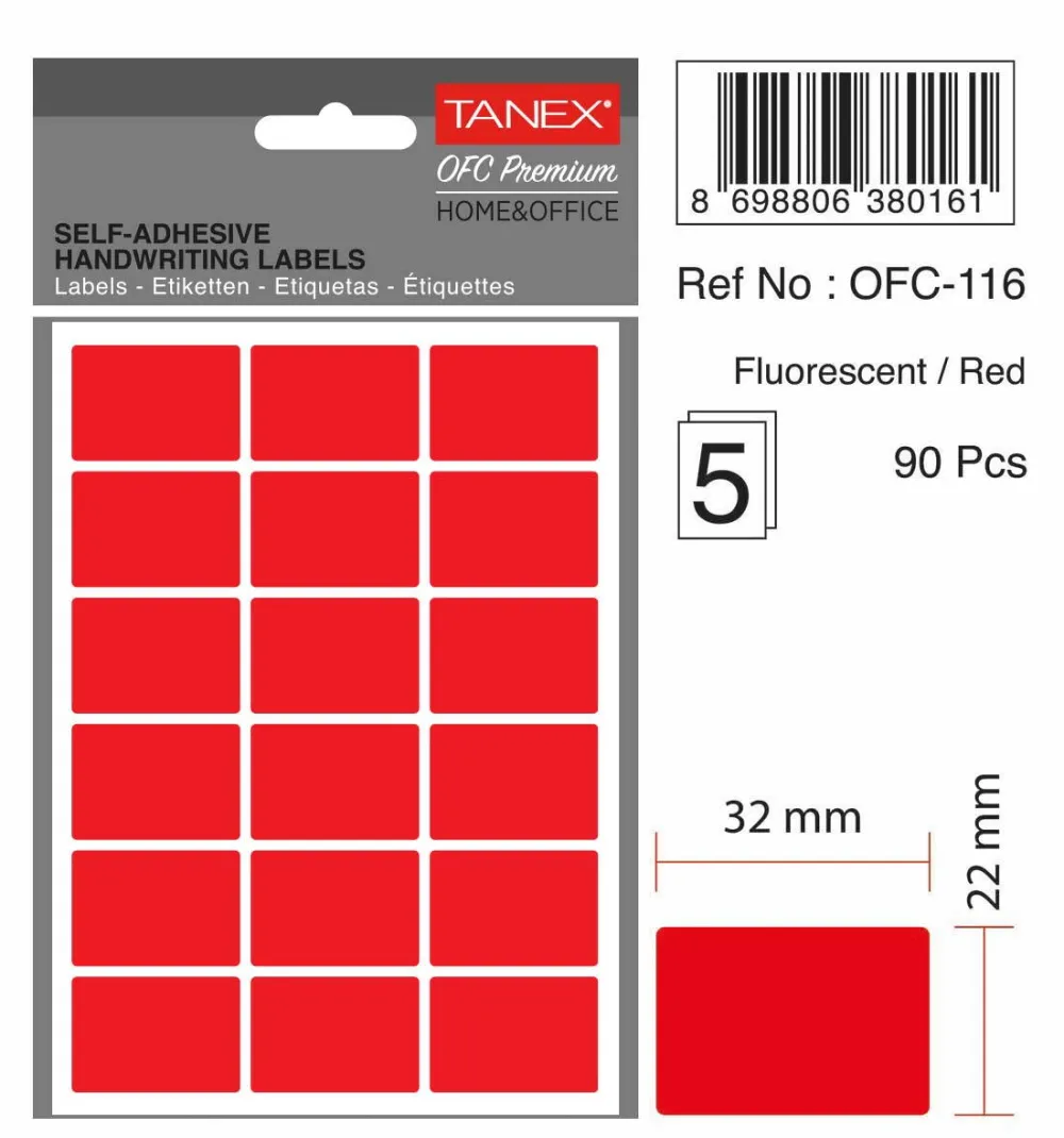 Tanex Etichete autoadezive, 22 x 32 mm, 90 buc/set, TANEX, rosu fluorescent