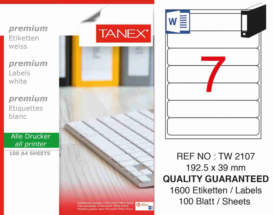 Tanex Etichete albe autoadezive, repozitionabile, 7/A4, 192.5x39mm, 25 coli/top, TANEX, colturi rotunjite