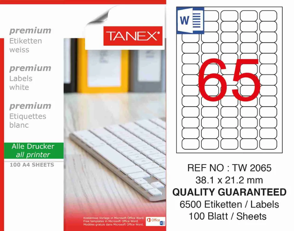 Tanex Etichete albe autoadezive, repozitionabile, 65/A4, 38.1x21.2mm, 25 coli/top, TANEX, colturi rotunjit