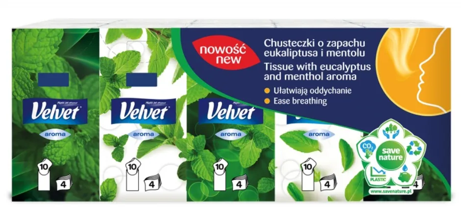 Velvet Servetele sanitare albe, 3 straturi, 10buc/pachet, 10pachete/tipla, VELVET Eucalyptus si Menthol