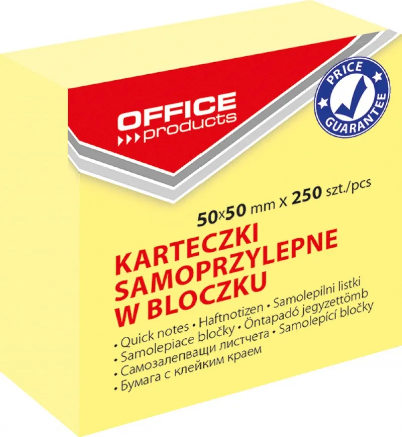 Office Products Cub notes autoadeziv 50 x 50 mm, 250buc/set, Office Products - galben pastel